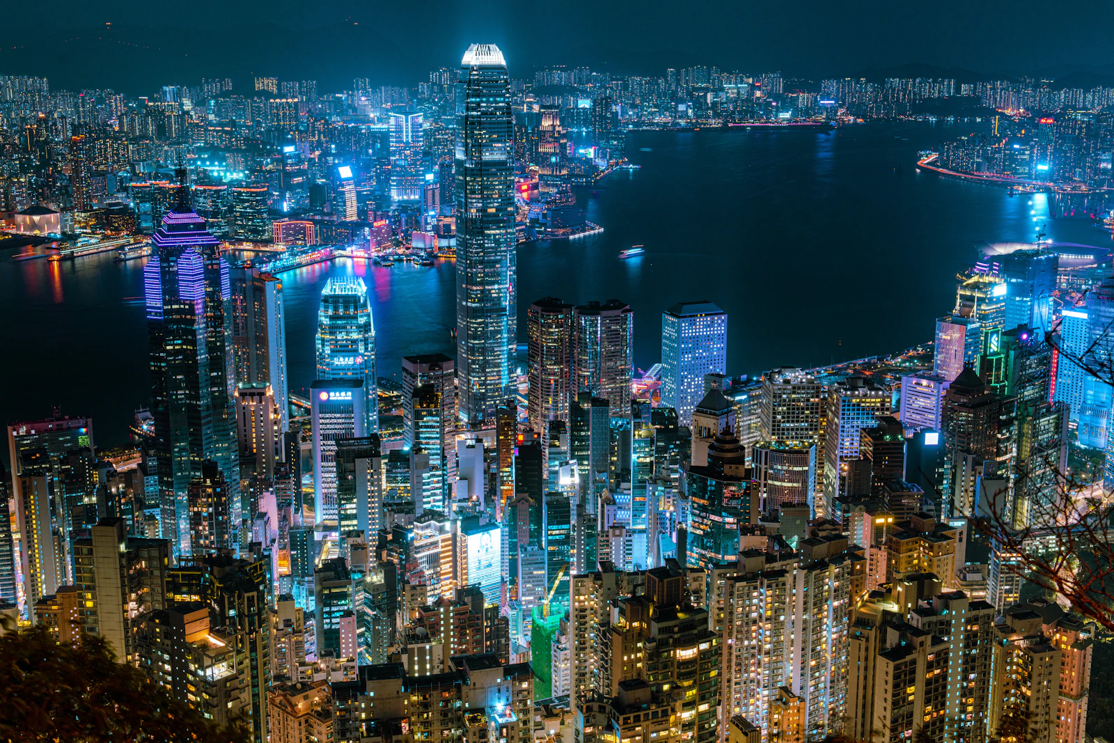 Hong Kong skyline at night from the top of a hill