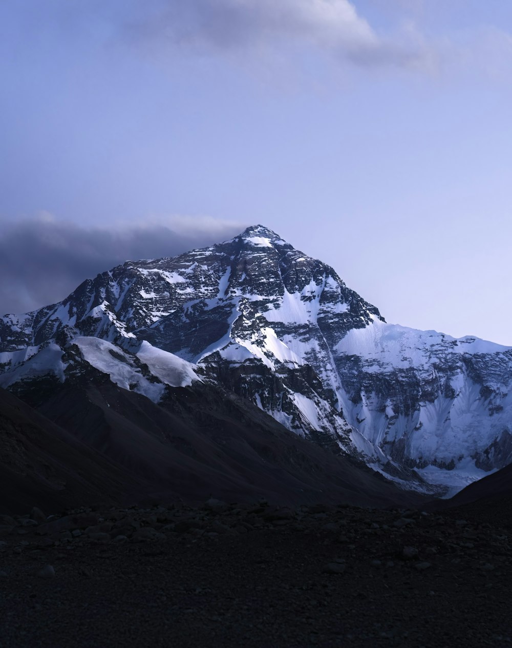 a snow covered mountain with clouds in the sky