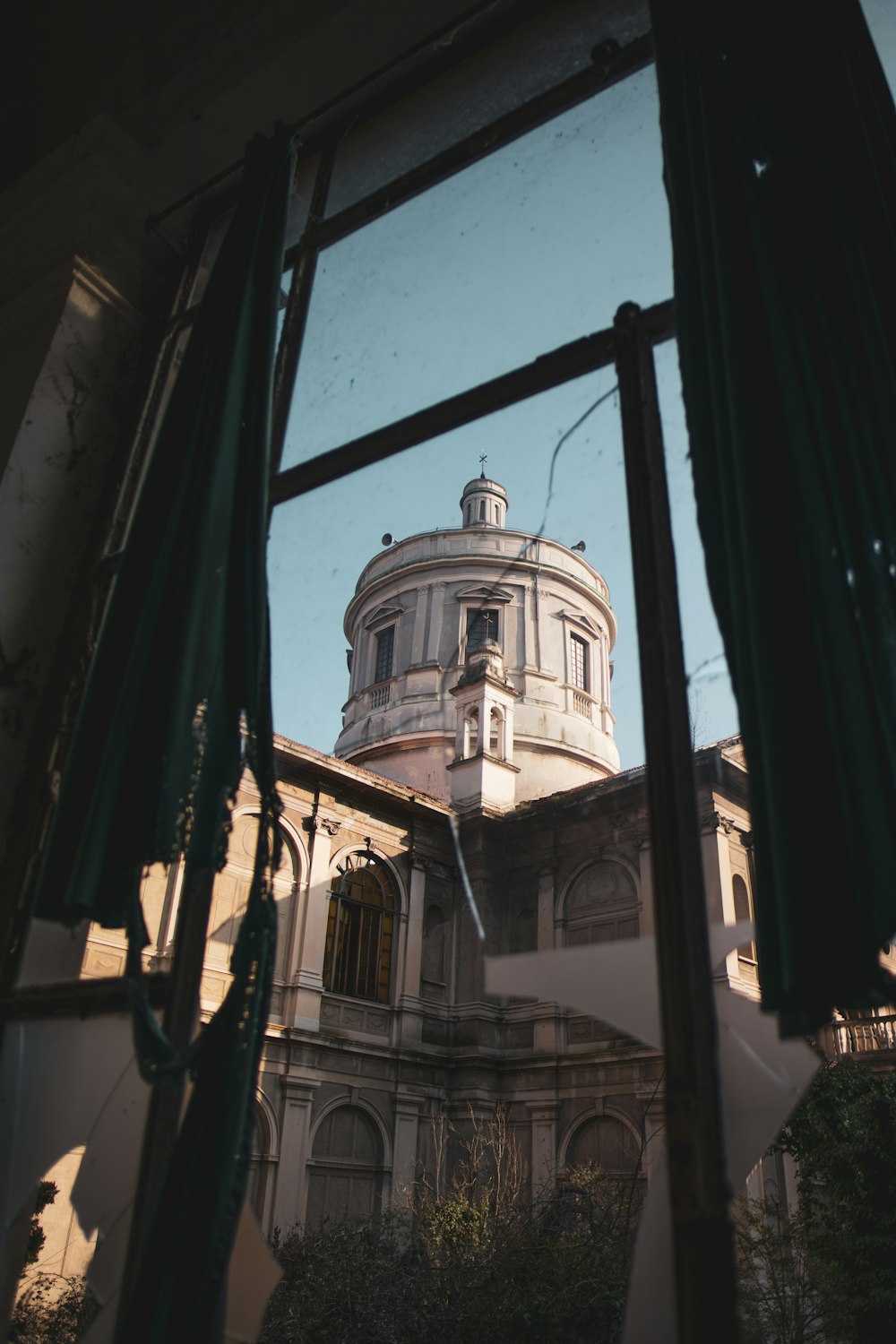 a view of a building through a window