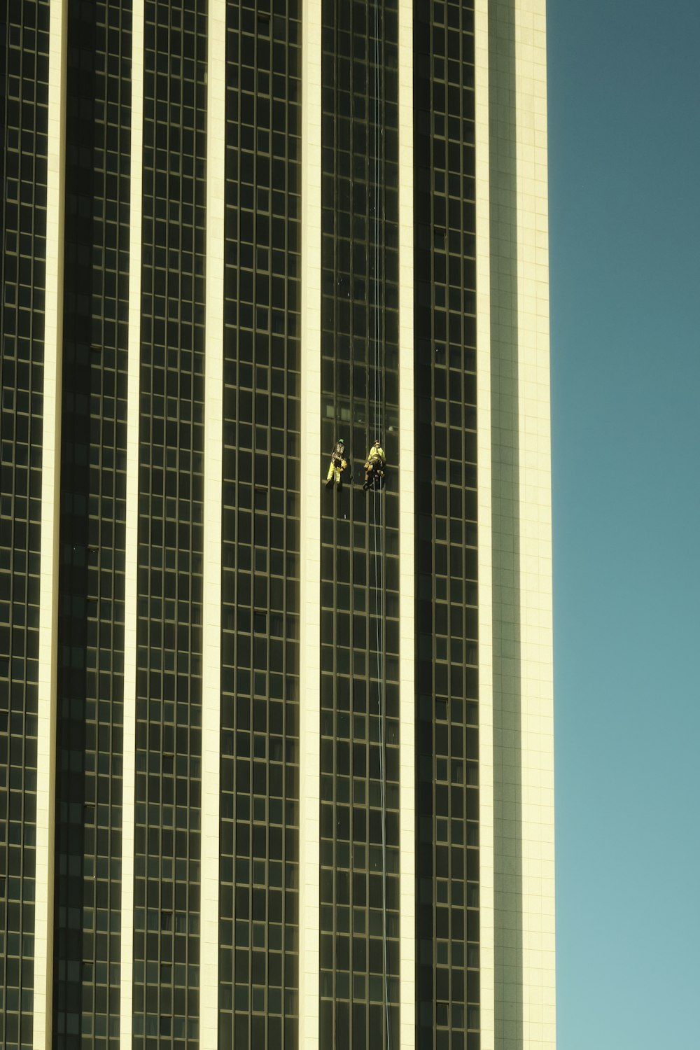 a man on a rope in front of a tall building
