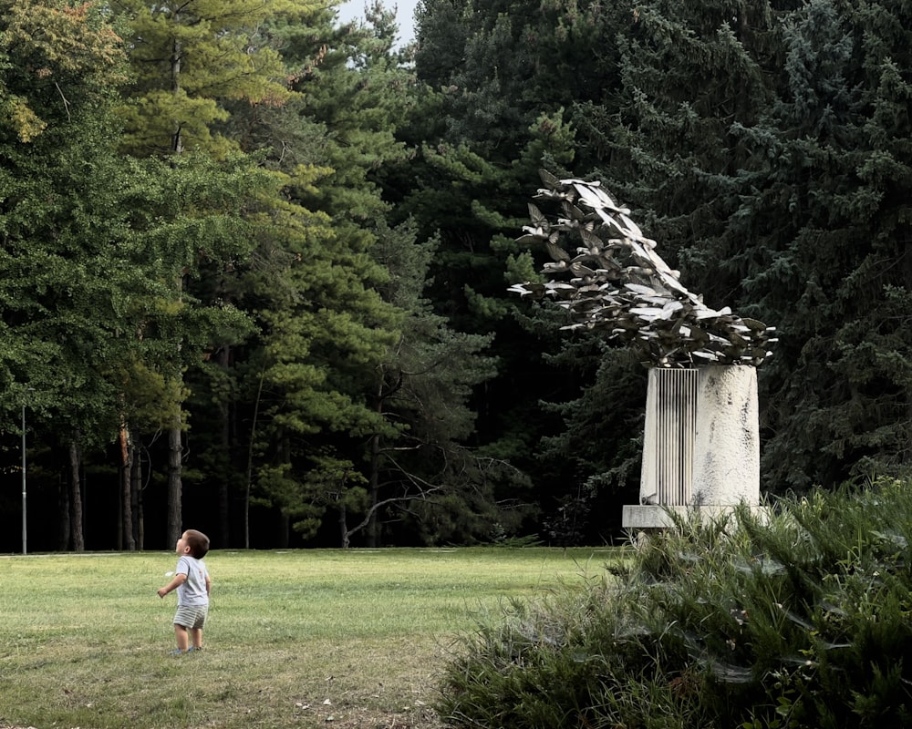 a little boy standing in a field next to a statue