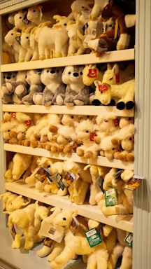a shelf filled with lots of stuffed animals