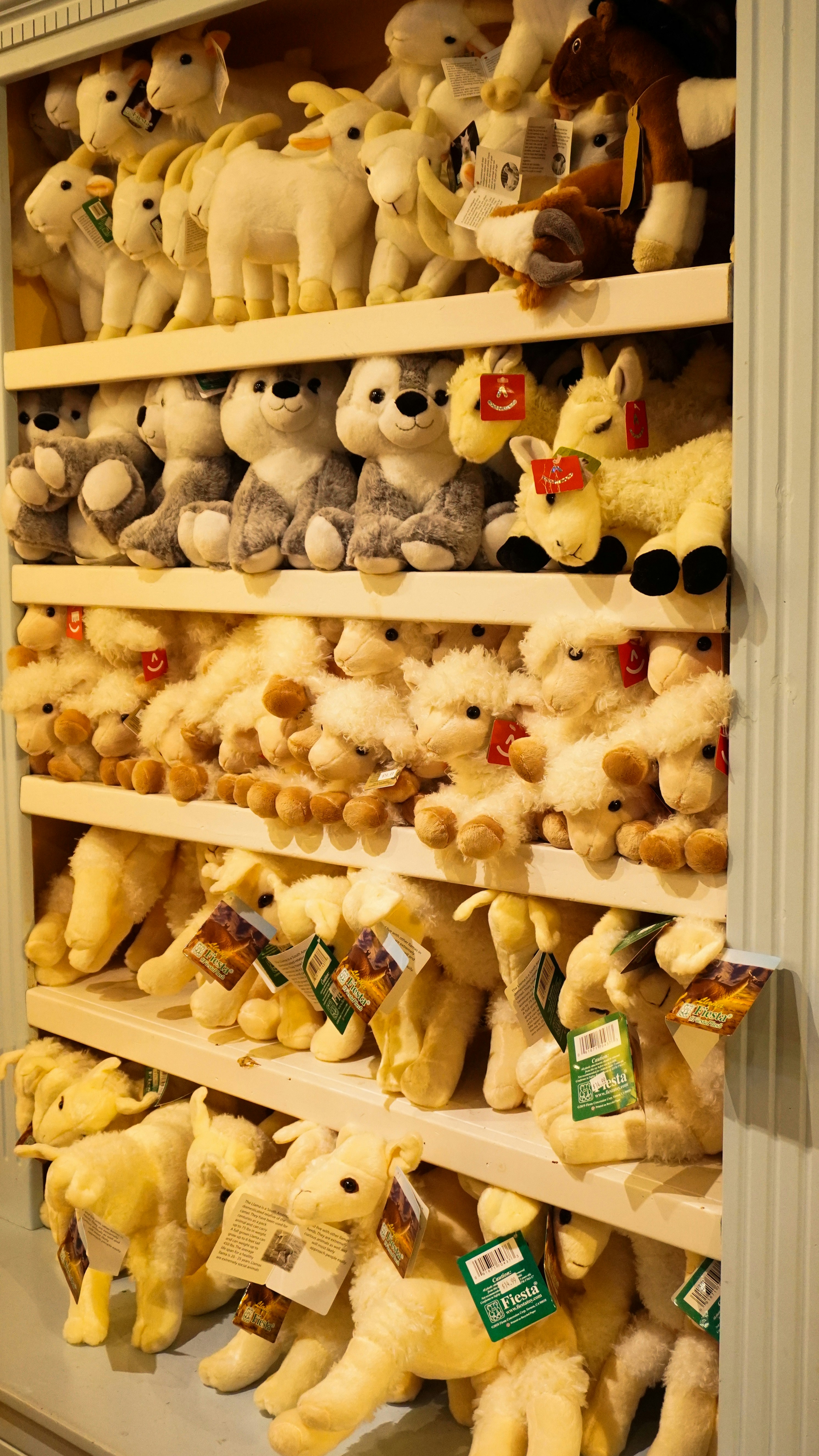 a shelf filled with lots of stuffed animals