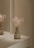 A decorative vase with a textured geometric design is placed on a minimalist surface. The vase contains delicate, light-colored flowers with small blossoms. The lighting is soft and casts gentle shadows on the vase and surface, creating a serene and elegant atmosphere.