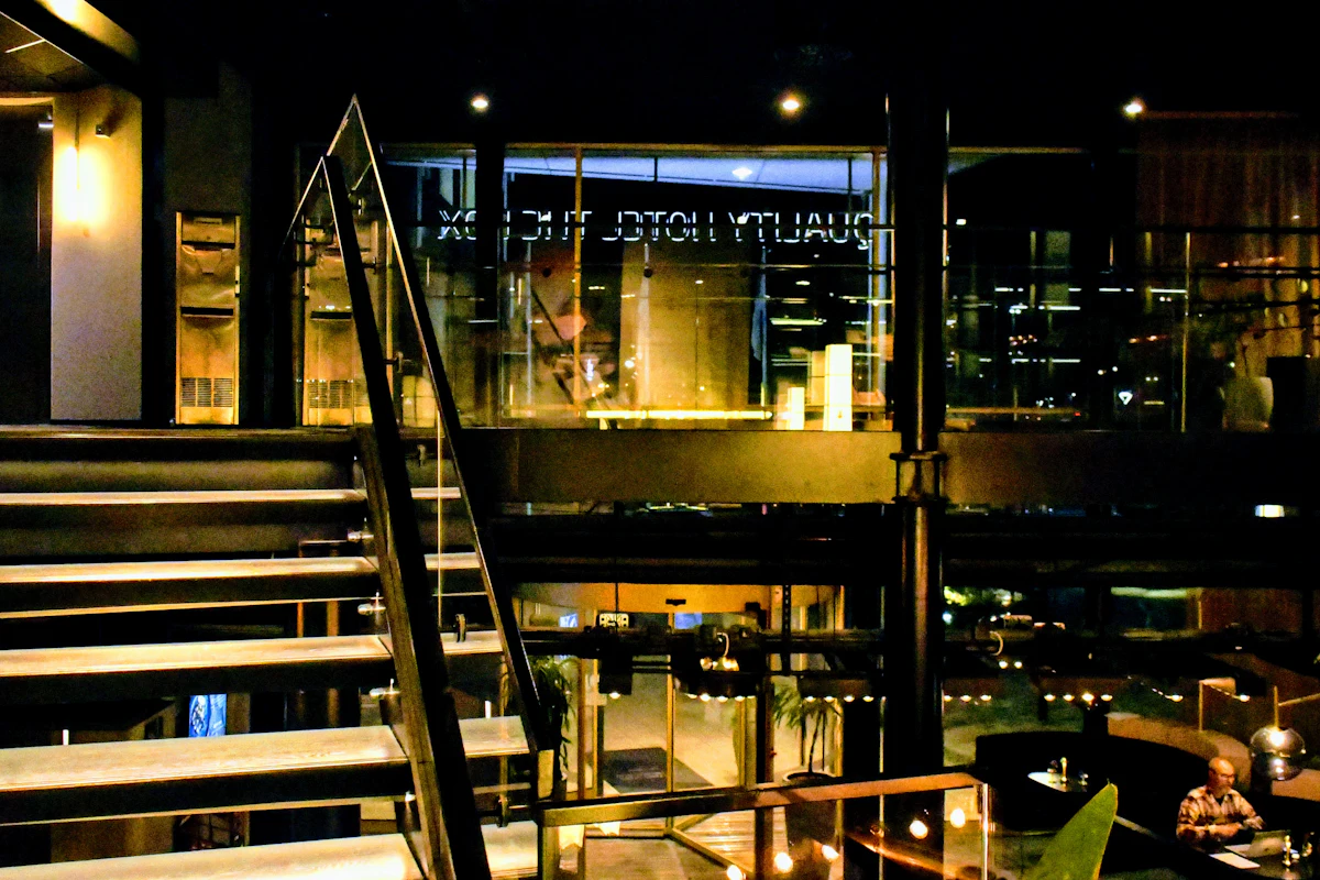 Hotel entrance staircase lit up at night