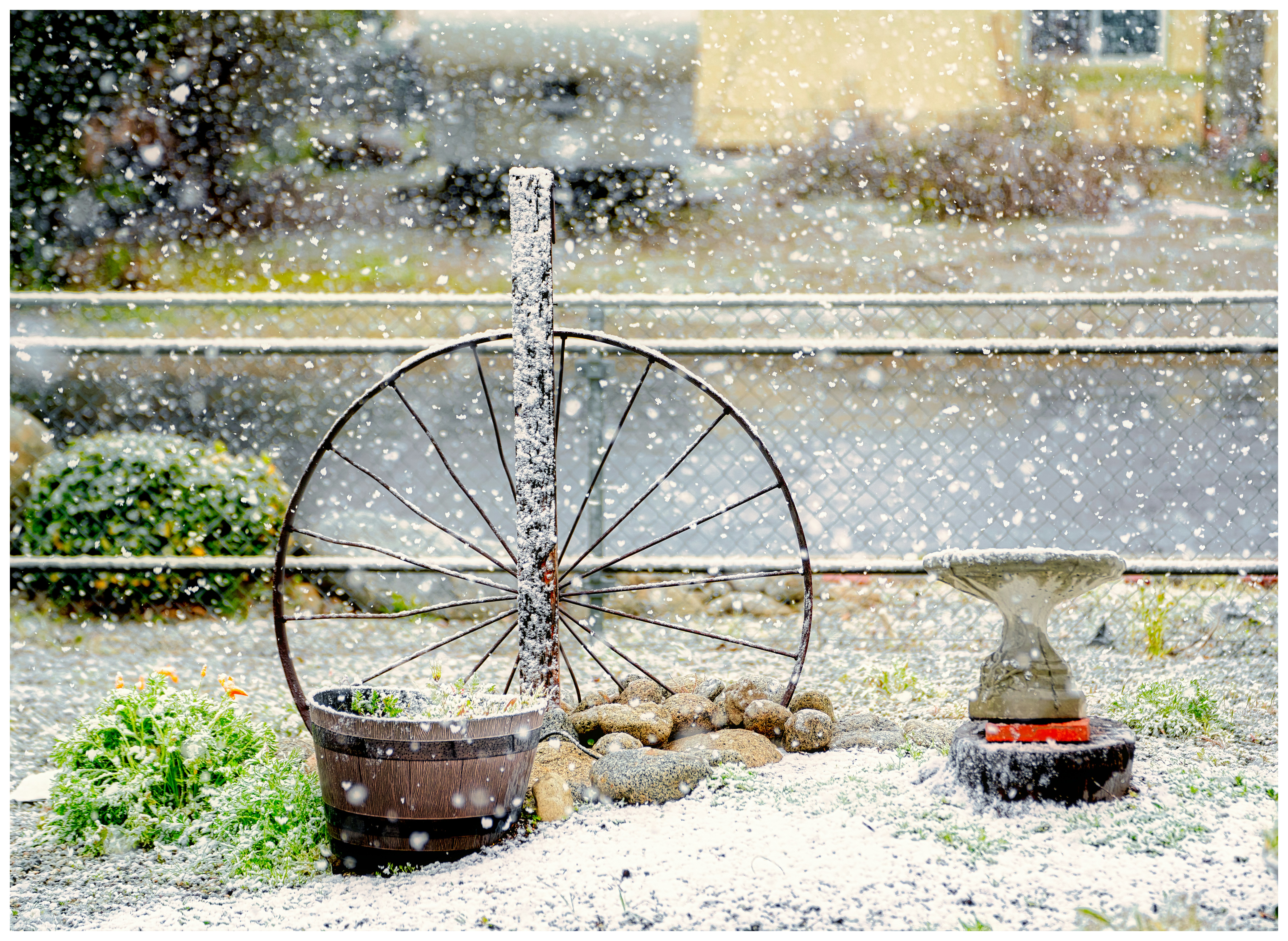 a water sprinkler sitting on top of a snow covered ground