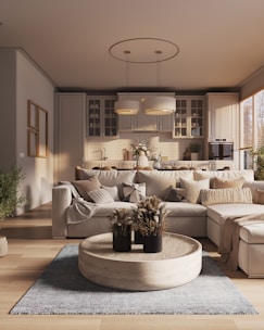 a living room filled with furniture and lots of windows