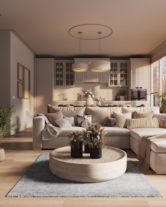 a living room filled with furniture and lots of windows