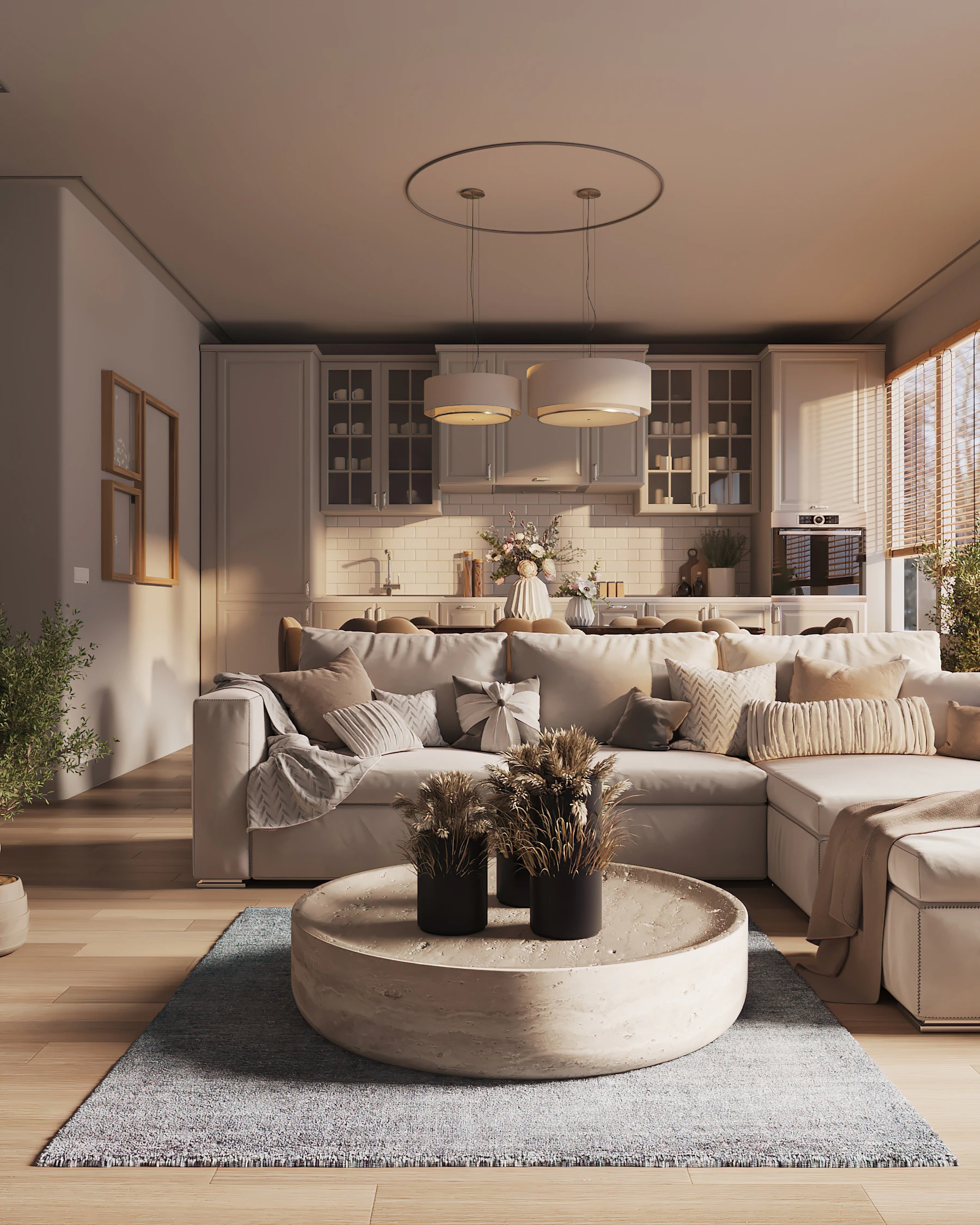 An open living space with a beige sofa and a bright kitchen