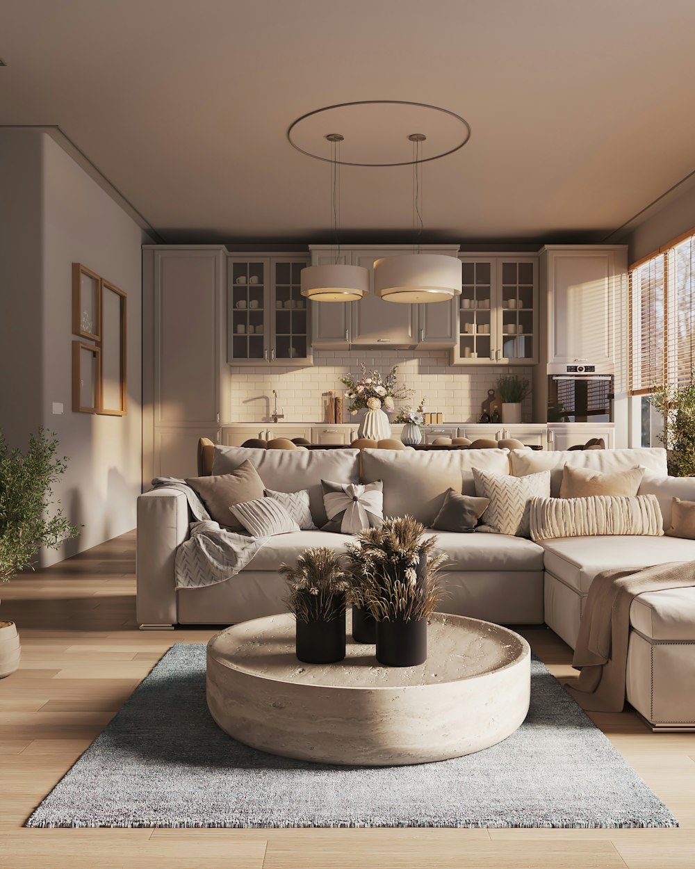 a living room filled with furniture and lots of windows