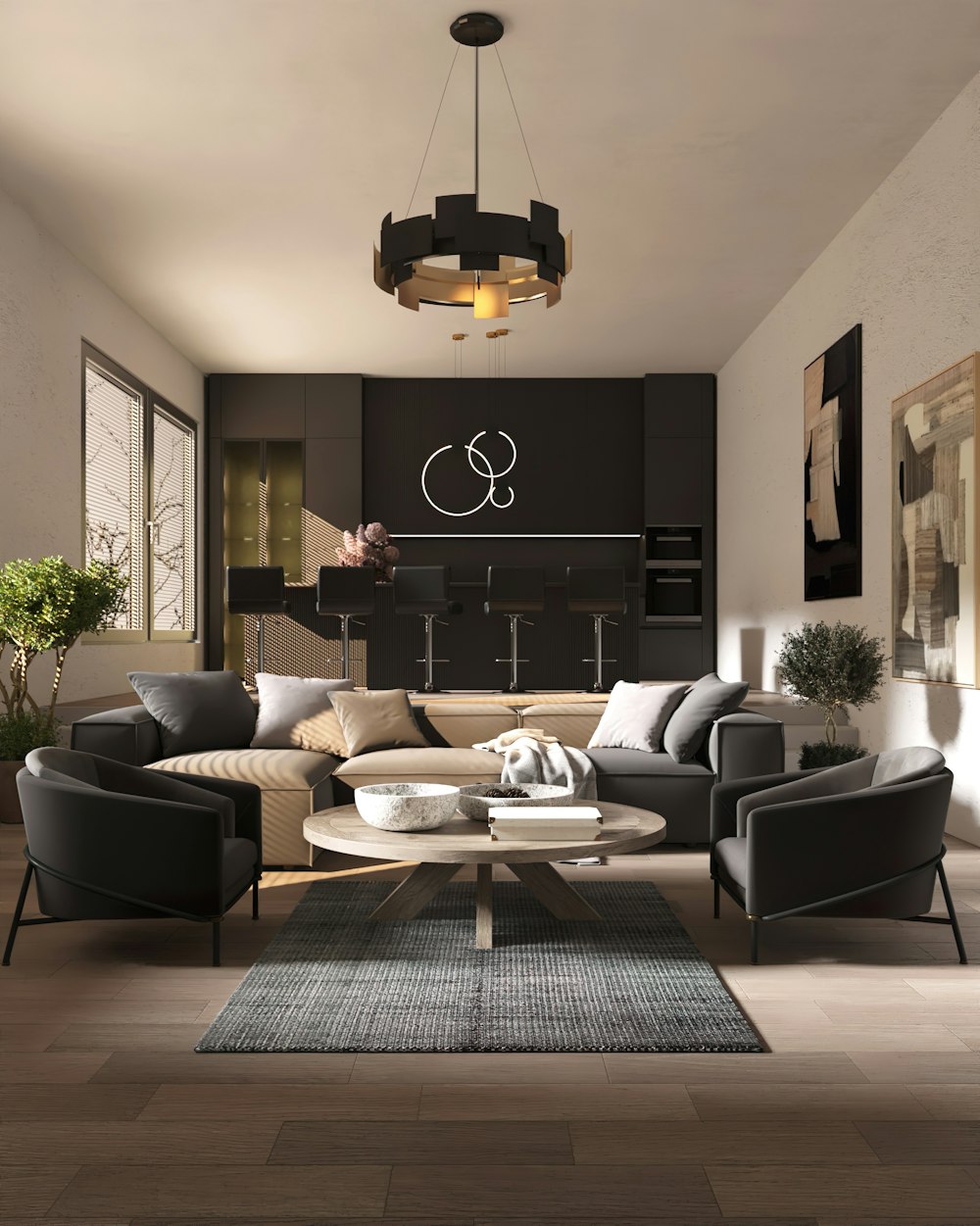 a living room filled with furniture and a chandelier