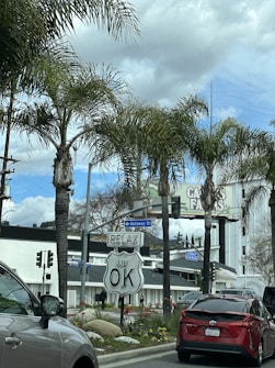 A street scene with several palm trees lining the road. A traffic sign in the foreground reads 'RELAX UR OK.' There are cars on the road, including a red car with visible license plate details. In the background, a building with a prominent billboard advertising cannabis farms is visible. The sky is partly cloudy, contributing to a laid-back and casual atmosphere.