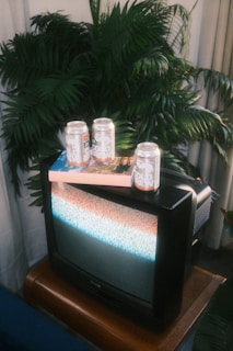 A vintage CRT television displaying static is placed on a wooden table. Four cans of cold brew coffee and a pastel-colored book are positioned on top of the TV. Lush green foliage from a plant in the background adds a natural element to the scene.