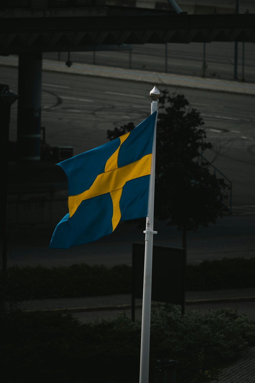 a blue and yellow flag flying on top of a pole