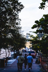 Tree-lined streets with couples and families enjoying a leisurely walk on a sunny afternoon.