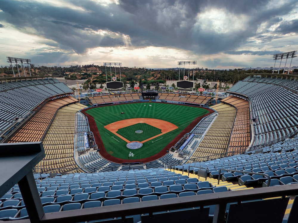 a view of a baseball field from the upper level of a stadium