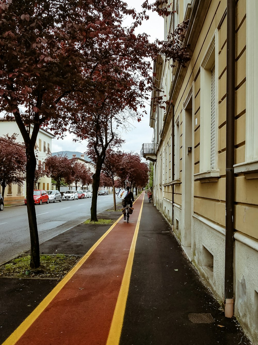 Un hombre montando en bicicleta por una calle al lado de un edificio alto