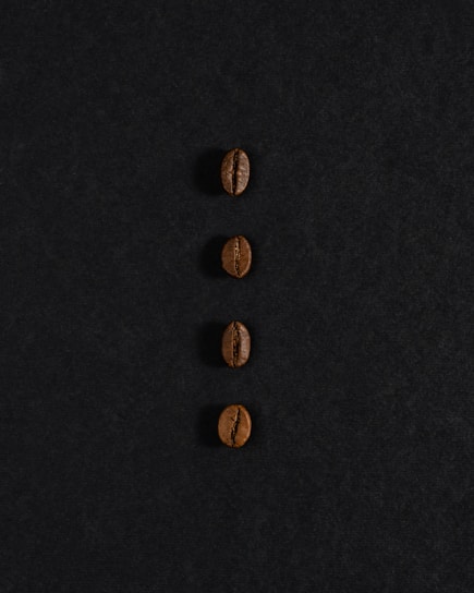Four coffee beans are arranged in a vertical line against a dark background. The beans are evenly spaced, and each one is oriented with the flat side facing up, showcasing the unique texture and color variations of the roasted coffee beans.