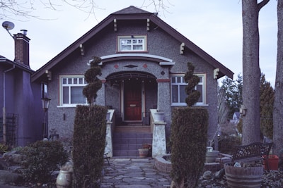Front view of a cozy two-story house with a small garden.