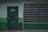 A dark green door with the number 3596 painted near the top, situated on a building with green and light blue walls. The door is accompanied by some graffiti and a metallic keypad. Adjacent to the door is a large window covered with horizontal metal bars.