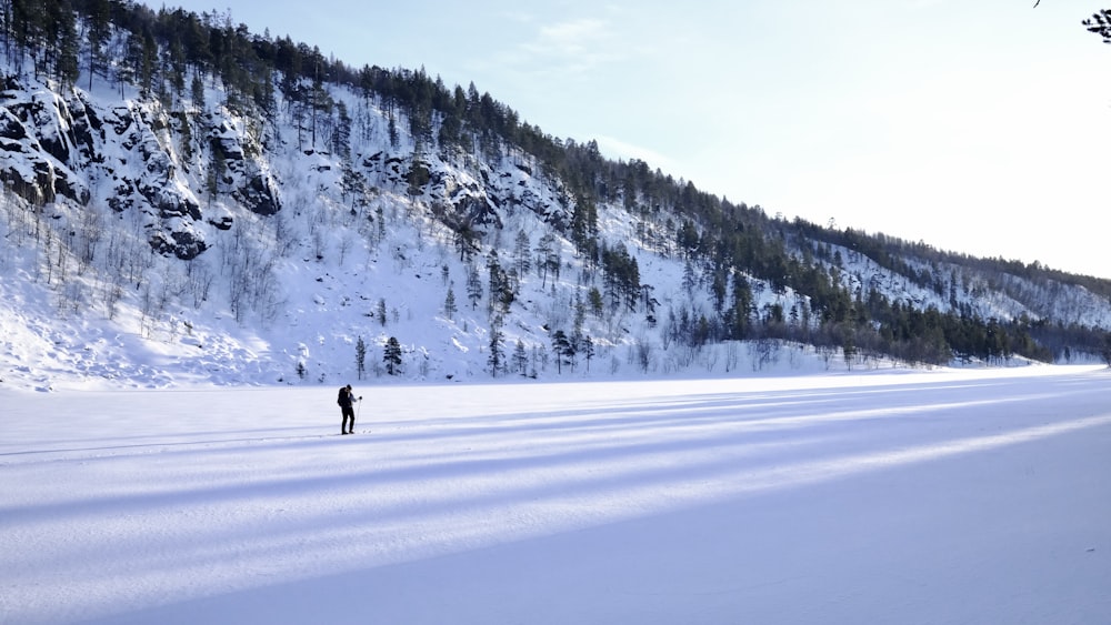 a person standing in the middle of a snow covered field