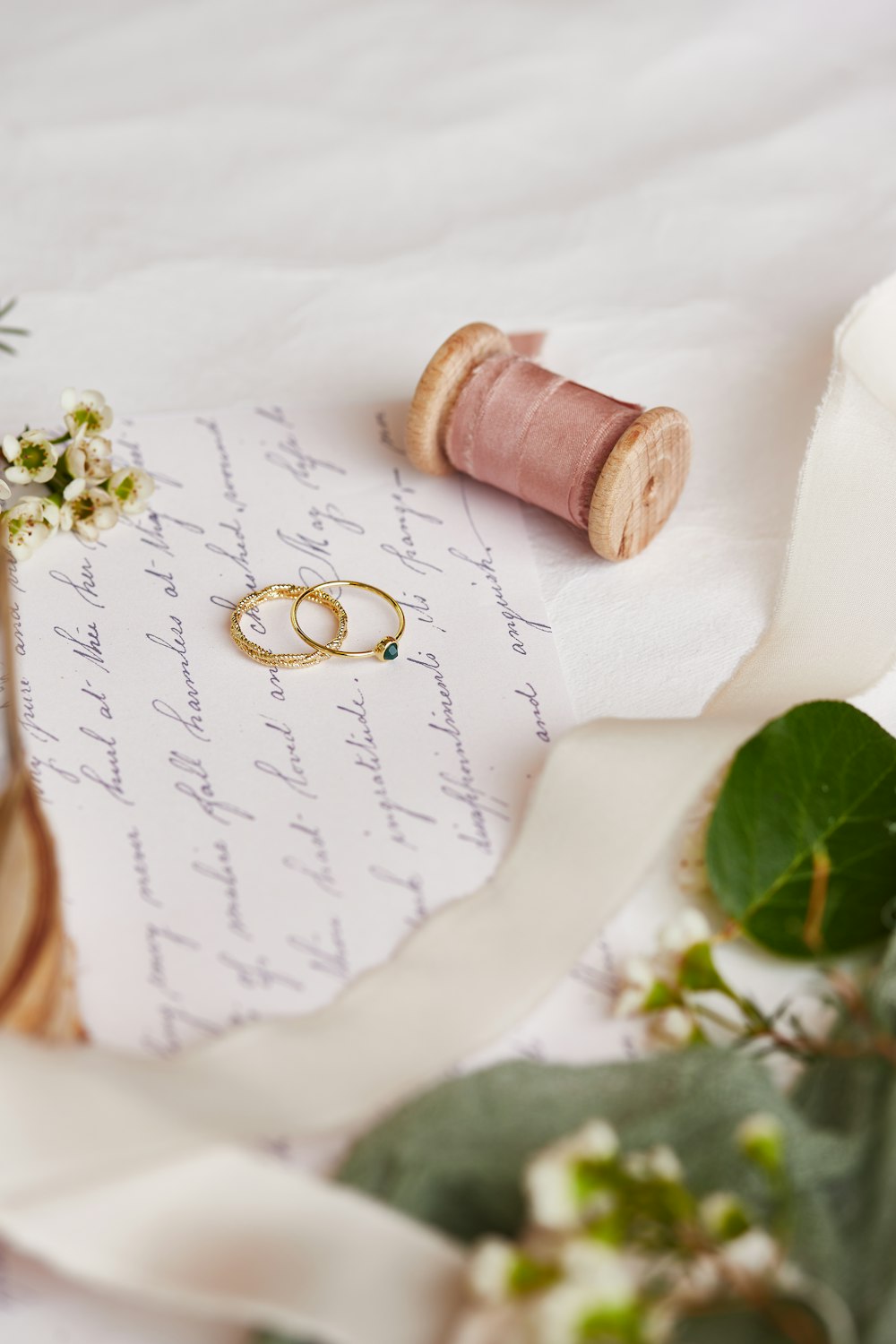 a couple of wedding rings sitting on top of a piece of paper