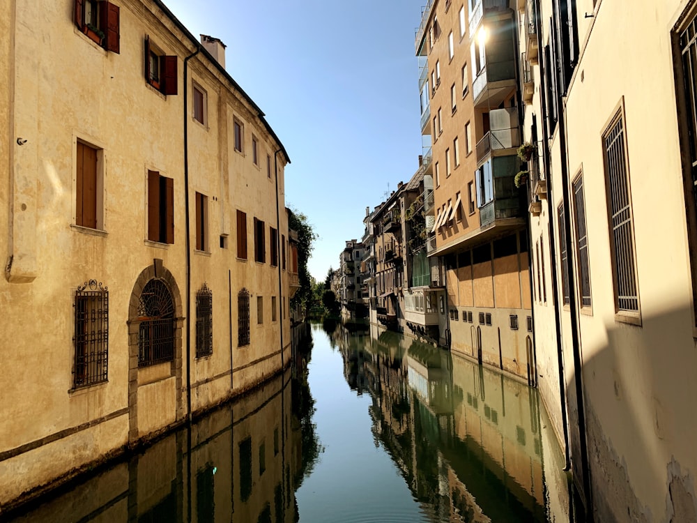 a river running through a city next to tall buildings