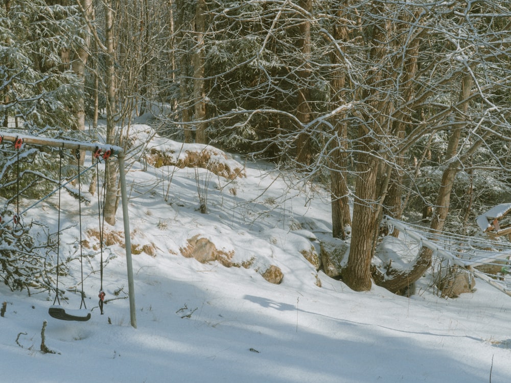 a swing set in the snow in a wooded area