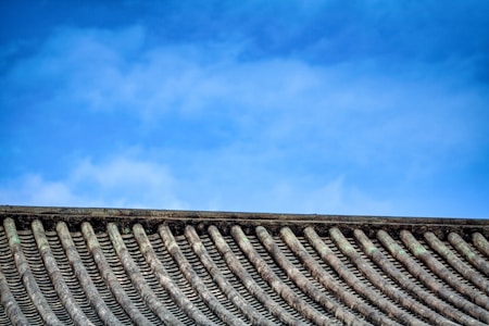 A traditional tiled roof with evenly spaced ridges sits under a clear blue sky. The roof tiles have a weathered texture, suggesting age and durability.