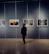 A young man with glasses admiring framed photos hanging on a wall.