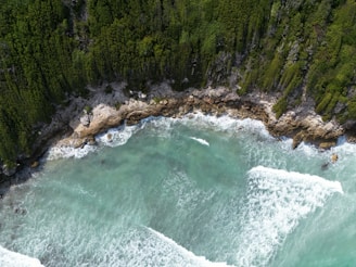 A rugged Greenland coastline with crystal-clear waters and distant mining equipment near the shoreline.