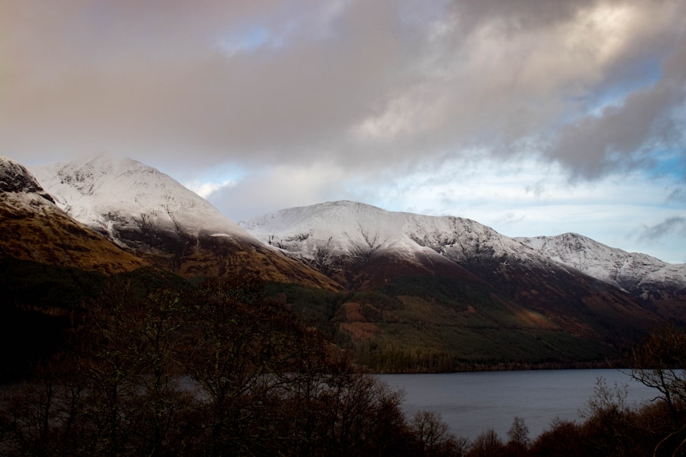 a lake surrounded by snow covered mountains under a cloudy sky