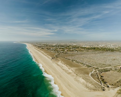 An aerial view of a beach and ocean — Todos Santos, Mexico