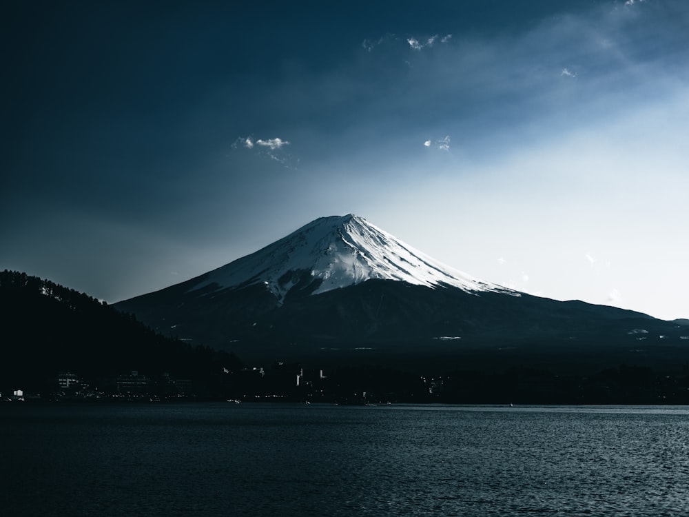 a snow covered mountain sitting on top of a lake