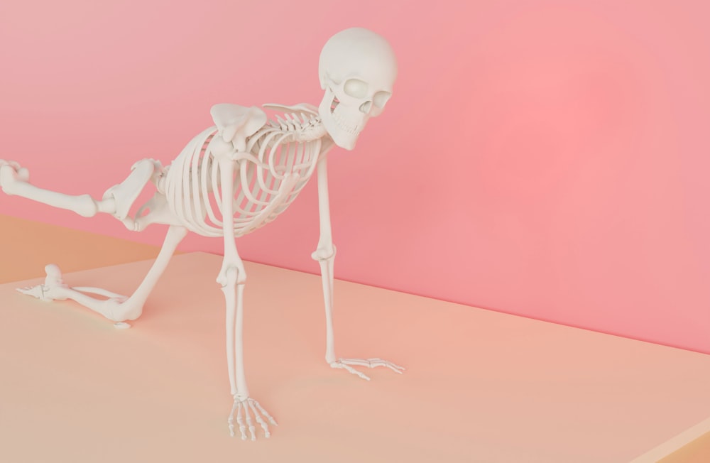 a skeleton standing on one leg on a table