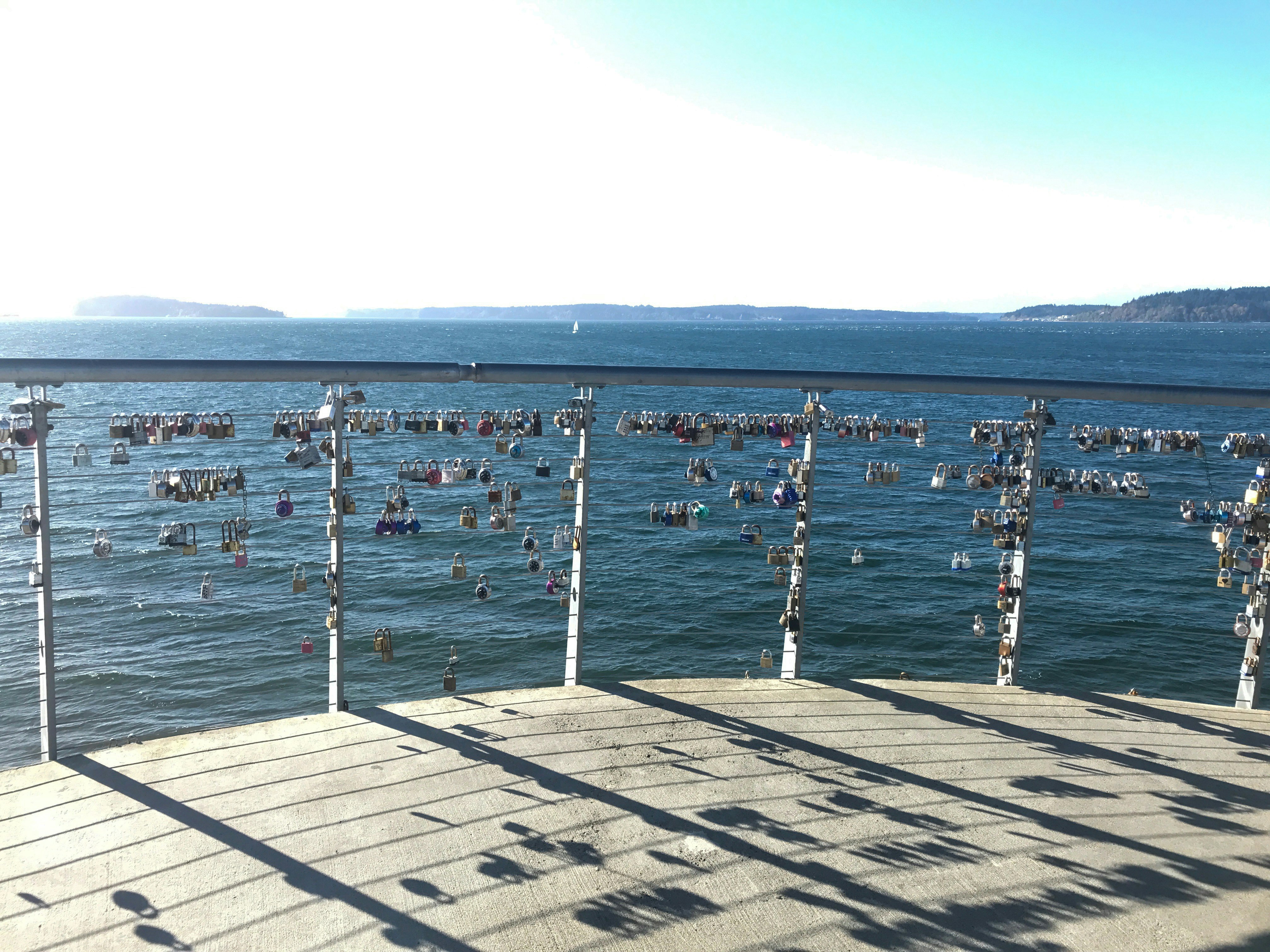 a pier with lots of people swimming in the water