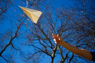 Kids outdoors watching a paper airplane flying, with a background of green trees.