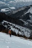 A person wearing a bright orange jacket and green backpack is hiking with poles on a snow-covered mountain slope. In the background, a panoramic view of rugged, snow-dusted mountains and a distant valley landscape can be seen.