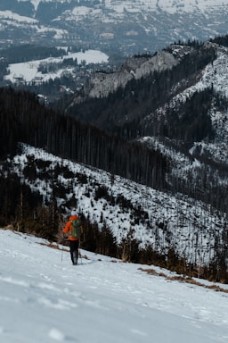 A person wearing a bright orange jacket and green backpack is hiking with poles on a snow-covered mountain slope. In the background, a panoramic view of rugged, snow-dusted mountains and a distant valley landscape can be seen.