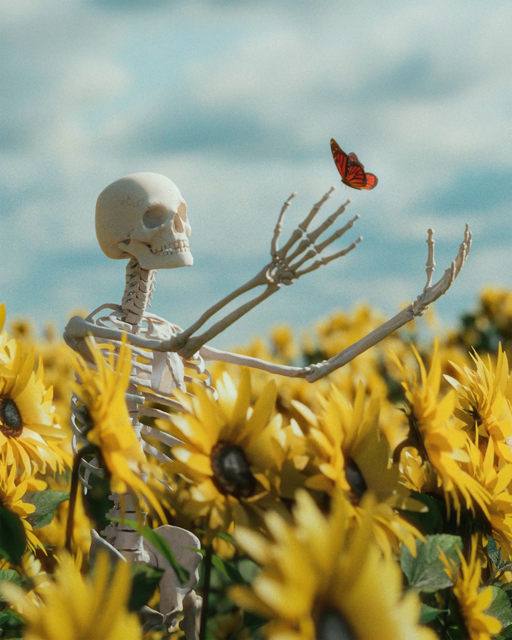 a skeleton in a field of sunflowers with a butterfly