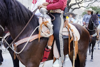 A person wearing traditional cowboy attire is mounted on a dark horse adorned with an ornate saddle. In the background, other riders are visible, also wearing cowboy hats, riding horses in a city setting with trees and buildings.