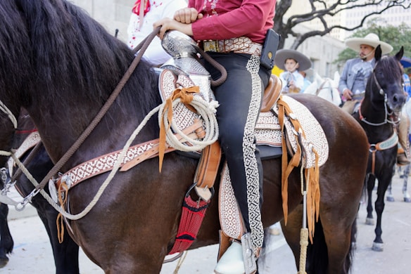 A person wearing traditional cowboy attire is mounted on a dark horse adorned with an ornate saddle. In the background, other riders are visible, also wearing cowboy hats, riding horses in a city setting with trees and buildings.