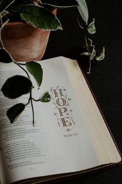 An open book showing a page with the word 'HOPE' and a reference to Psalm 130:5. A potted plant with green leaves extends its branches over the book. The background is dark, which contrasts with the white pages of the book.