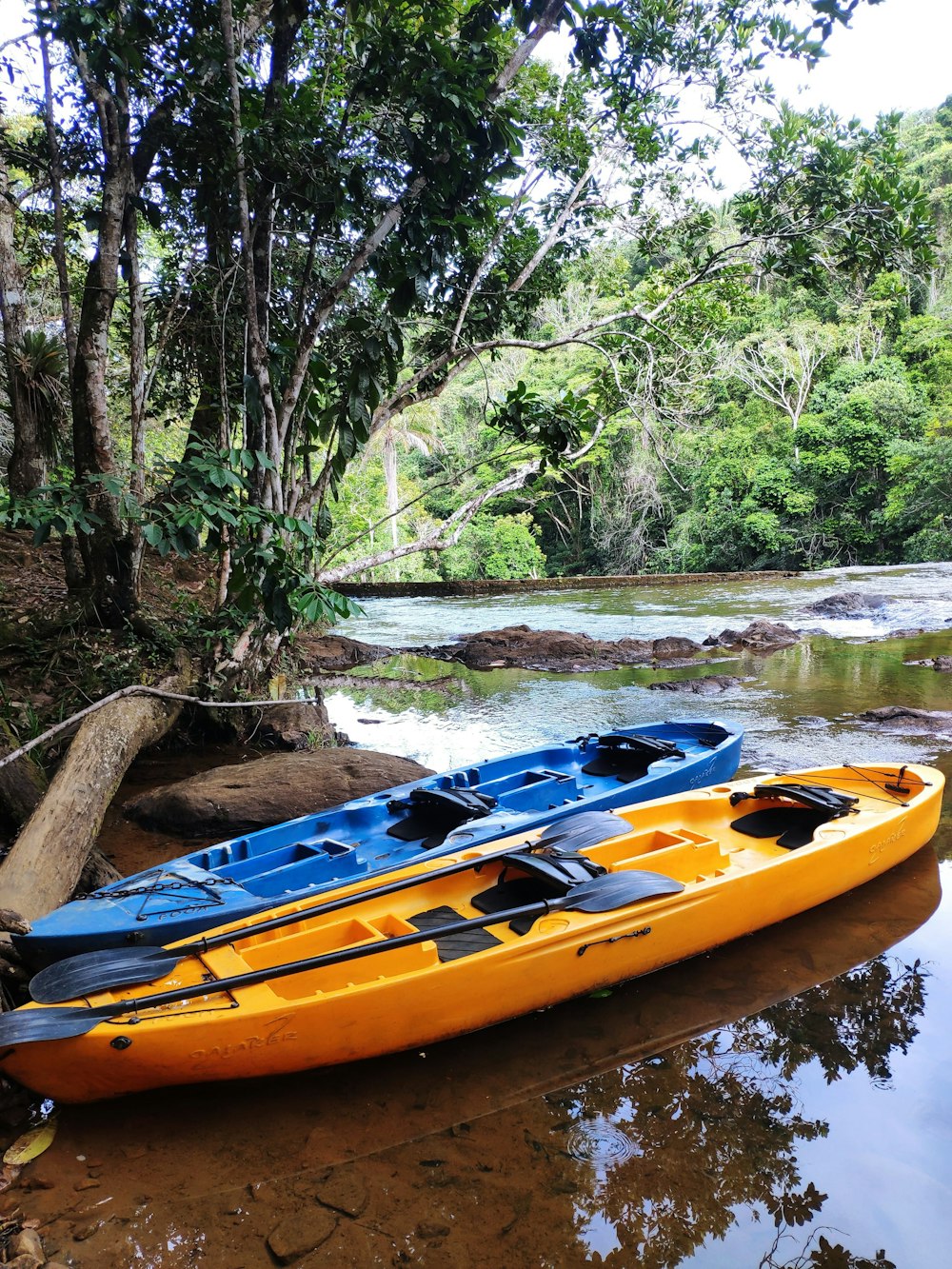 un bateau jaune et bleu assis au sommet d’une rivière