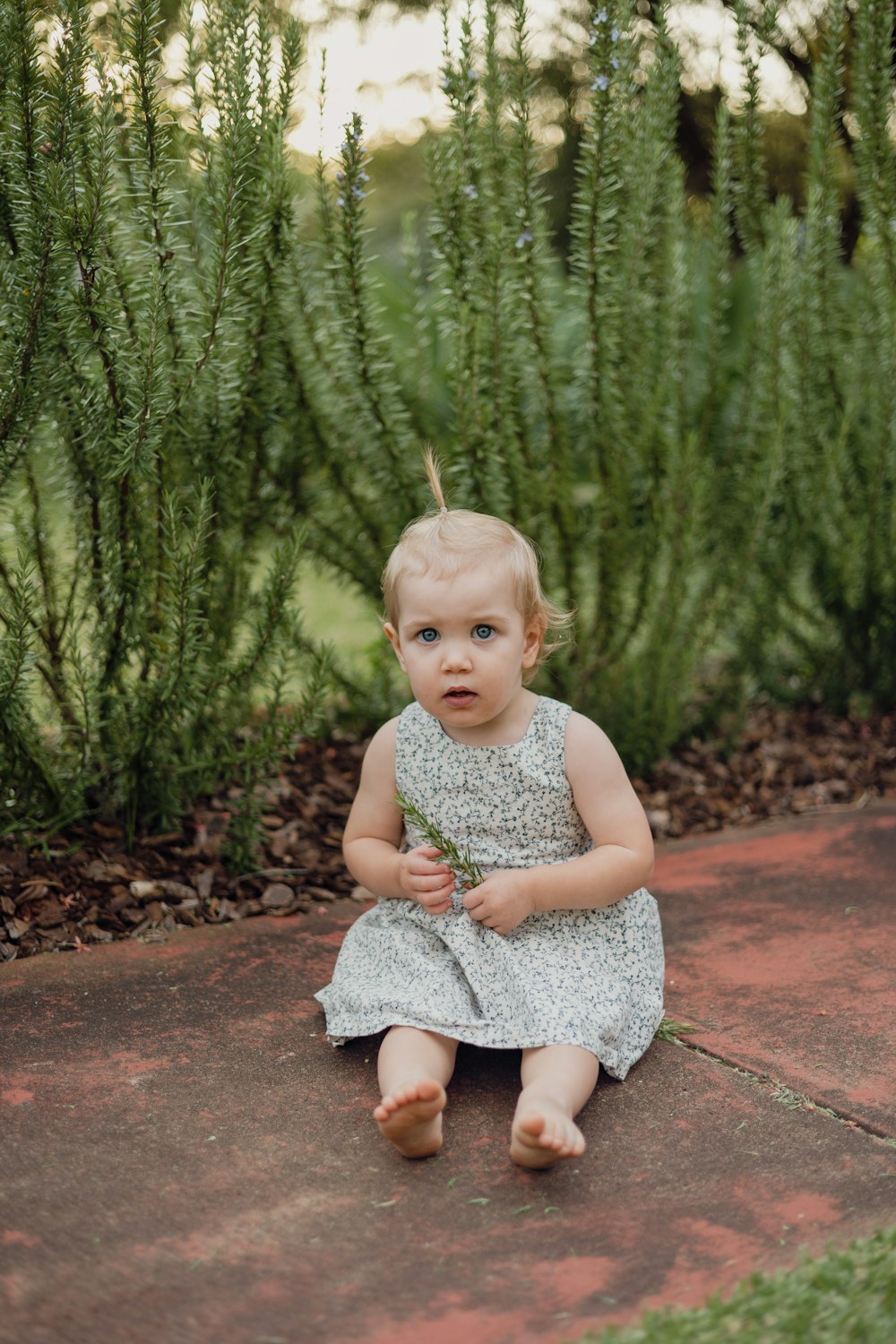 a little girl sitting on the ground with a flower in her hand