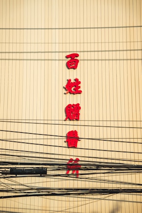 Red Chinese characters are displayed vertically on a yellow wall, with numerous black electrical cables crossing in front.
