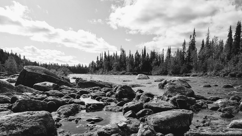 a black and white photo of a rocky river