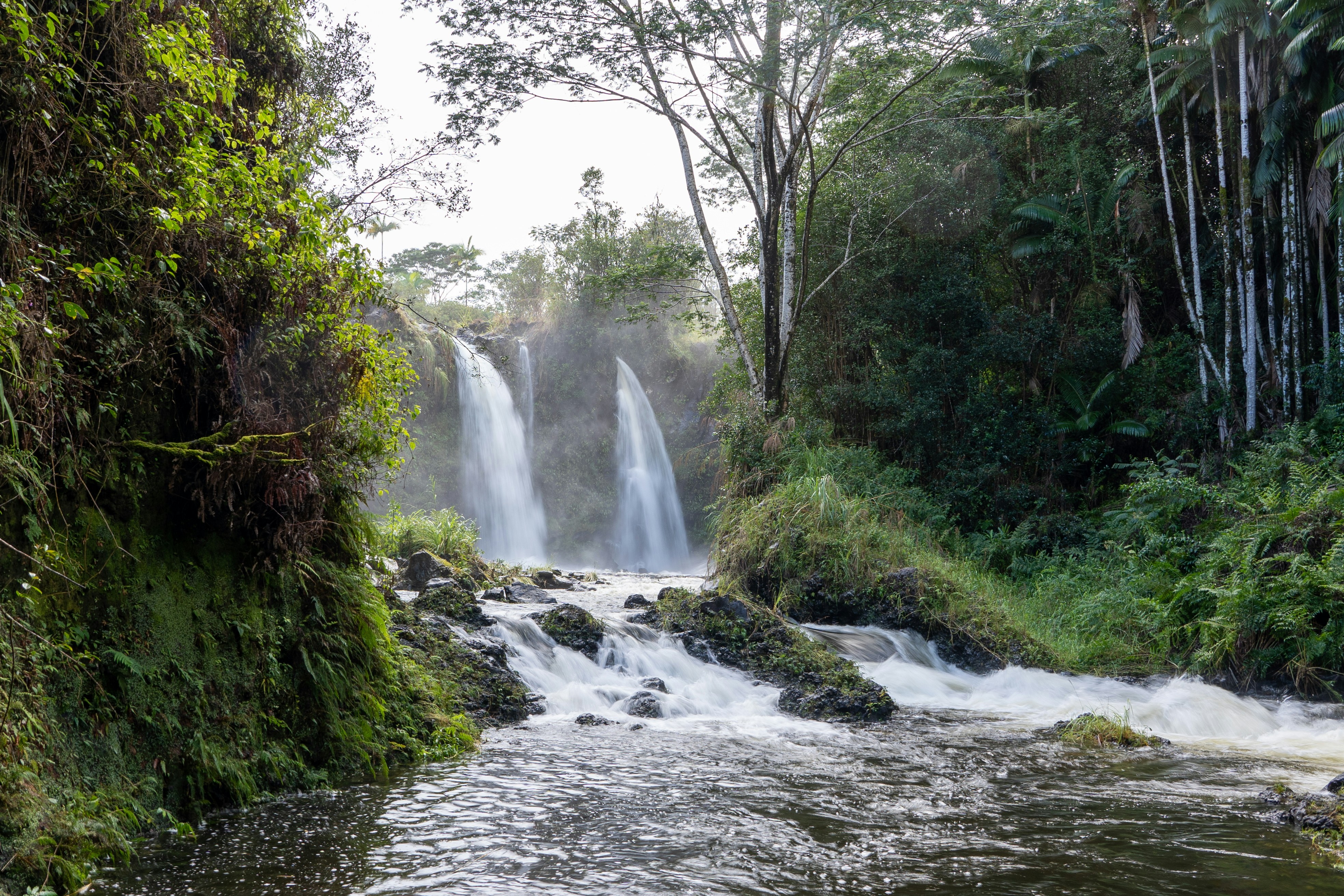 Twin waterfalls cascading down mossy volcanic rock into natural pools surrounded by tropical vegetation