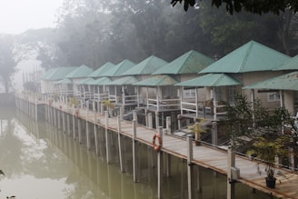 A serene lakeside scene with several small, quaint cabins built on stilts over the water, featuring green metal roofs and light-colored walls. The cabins are connected by a wooden walkway with white railings, lined with potted plants. A life preserver hangs on the railing, and the entire area is enveloped in a misty, foggy atmosphere, with trees visible in the background.