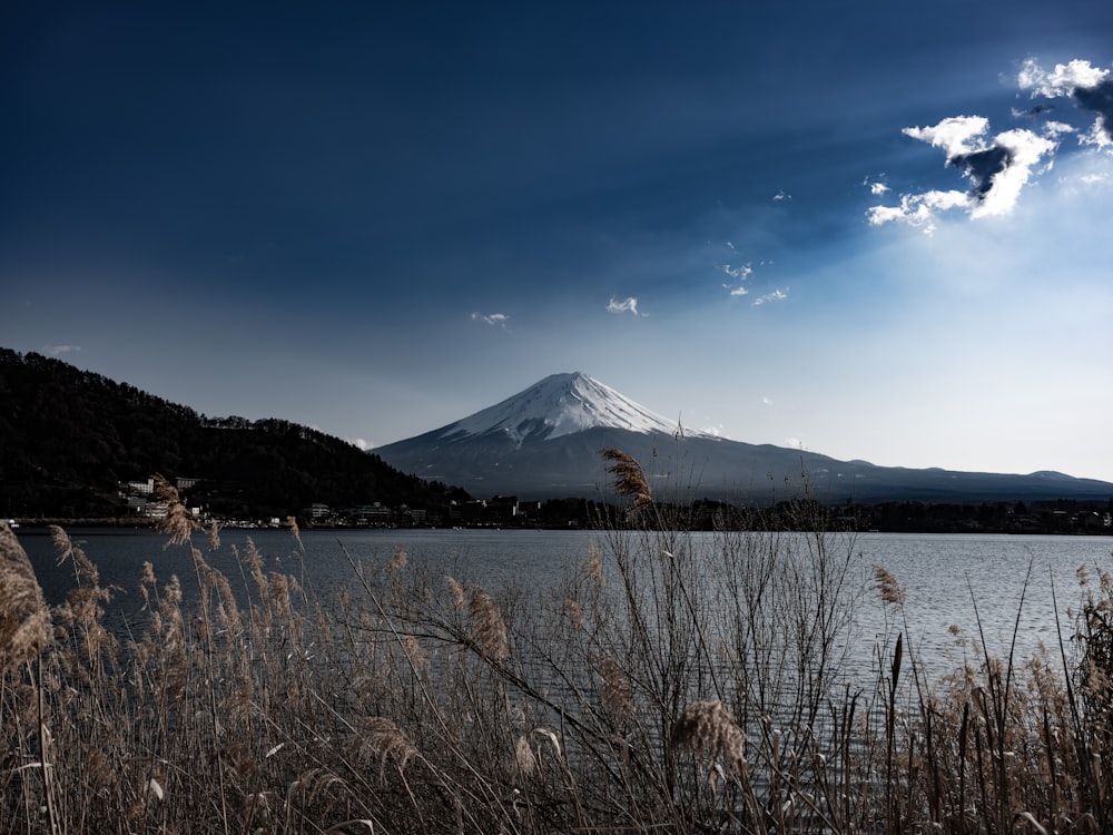 a lake with a mountain in the background